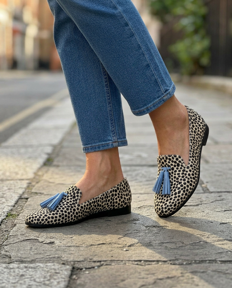 Nadia | Moccasins Black and White Leopard with Blue Tassels