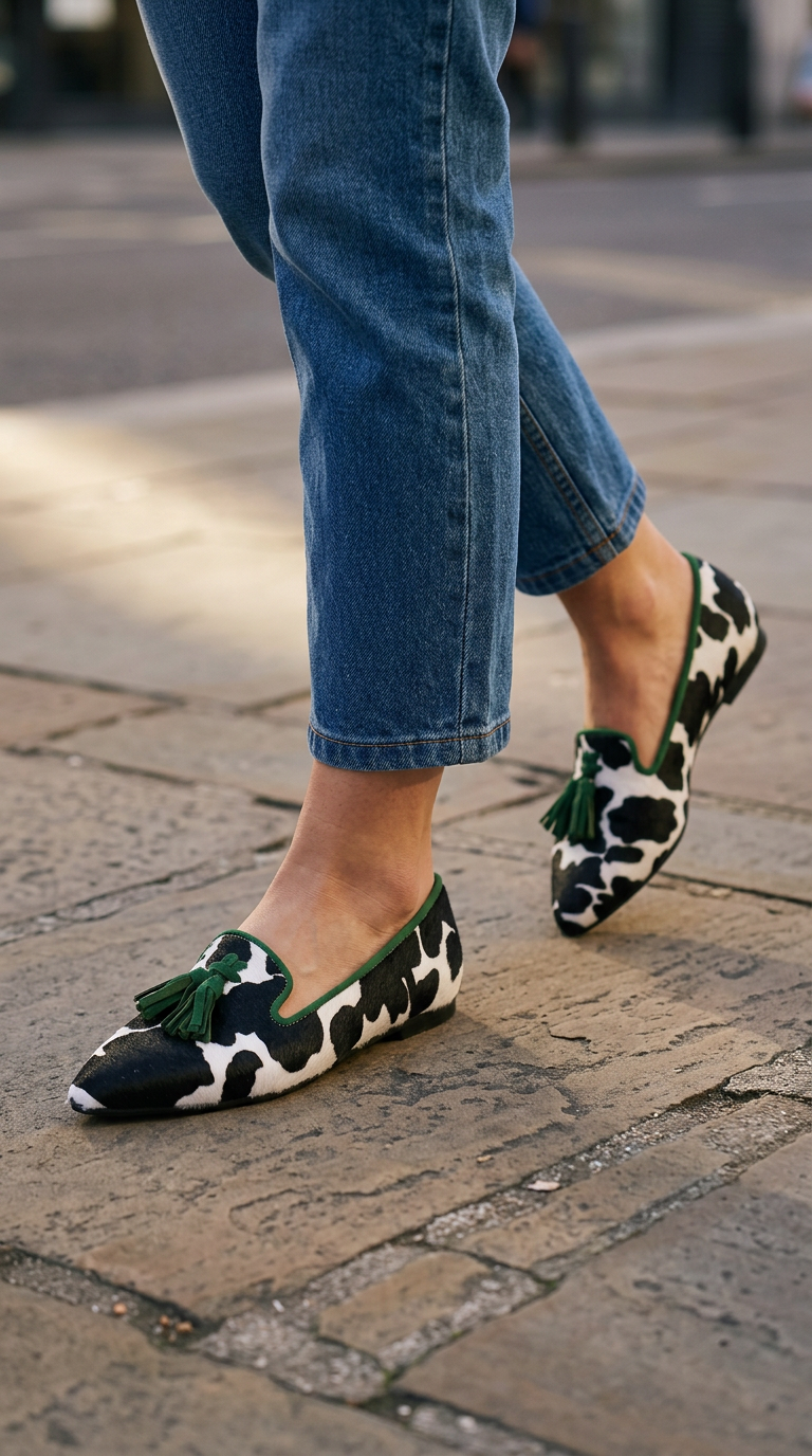 Genevieve | Moccasin Black and White Cow Print, Green Tassels