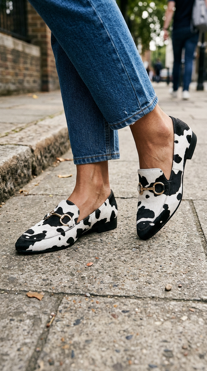 Monet  | Moccasin in White and Black Leopard Print Fur