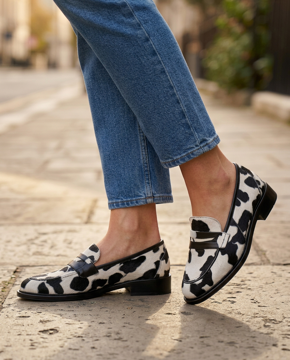 Nives | Cow Print with Penny Loafer Moccasin