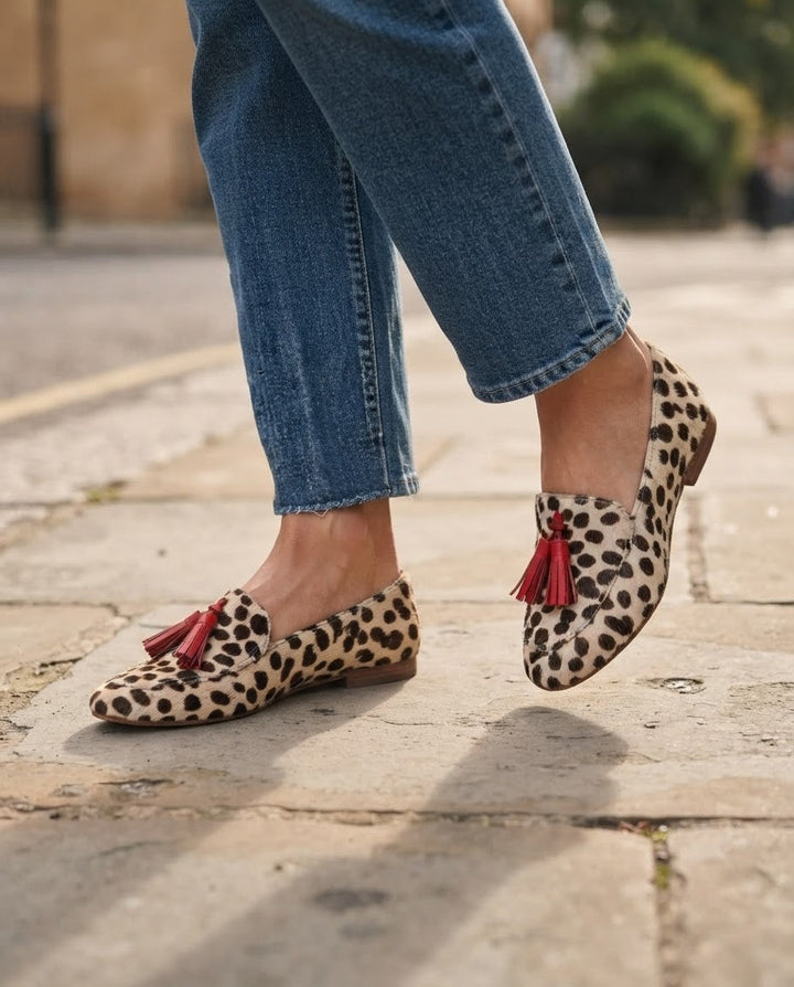 Aurora | Moccasin Cream Polka Dots, Red Tassels