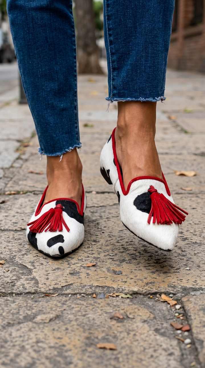 Ginevra |  Black and White Cow Print, Red Tassels Moccasin