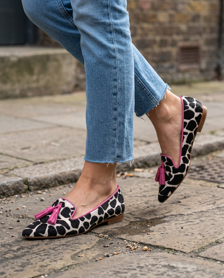 Ginevra | Black and White Cow Print, Pink Tassels Loafers