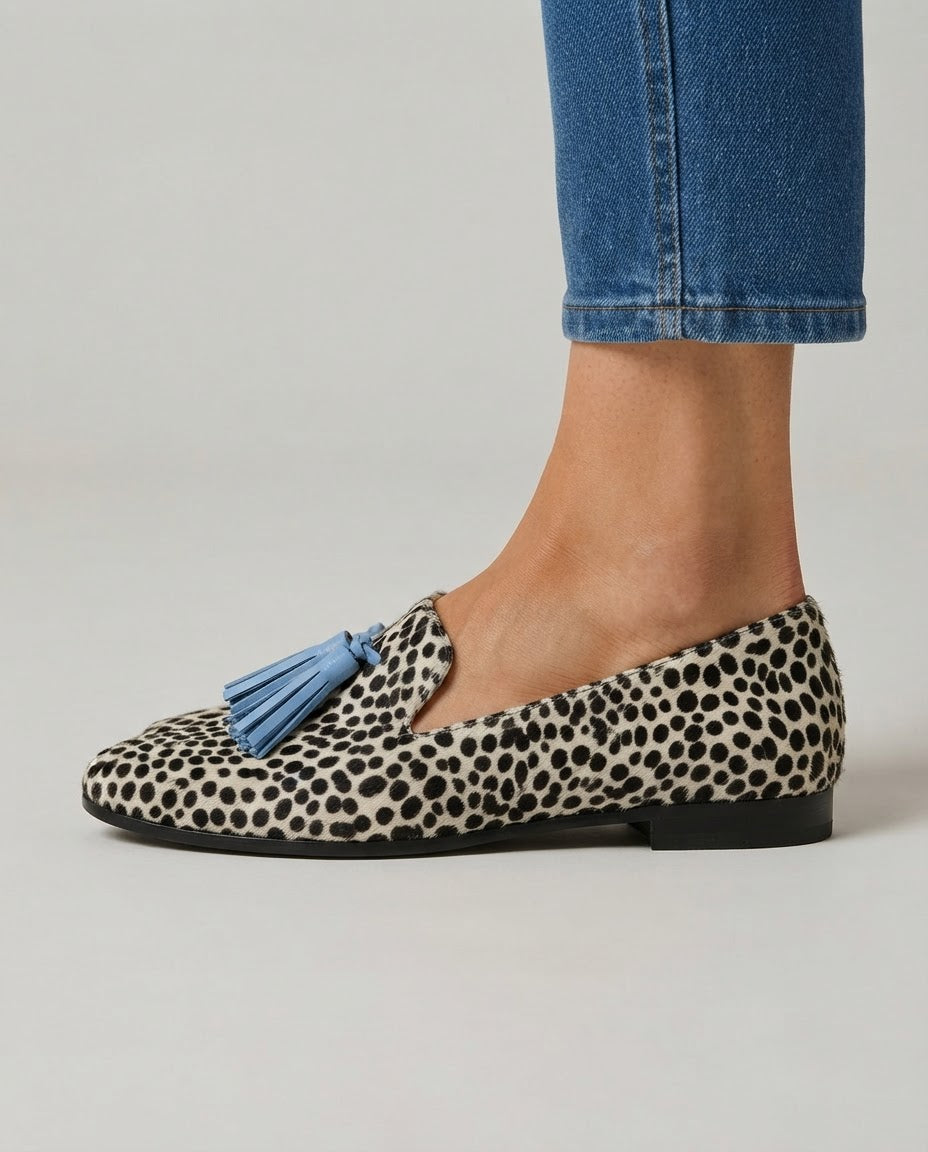 Nadia | Moccasins Black and White Leopard with Blue Tassels