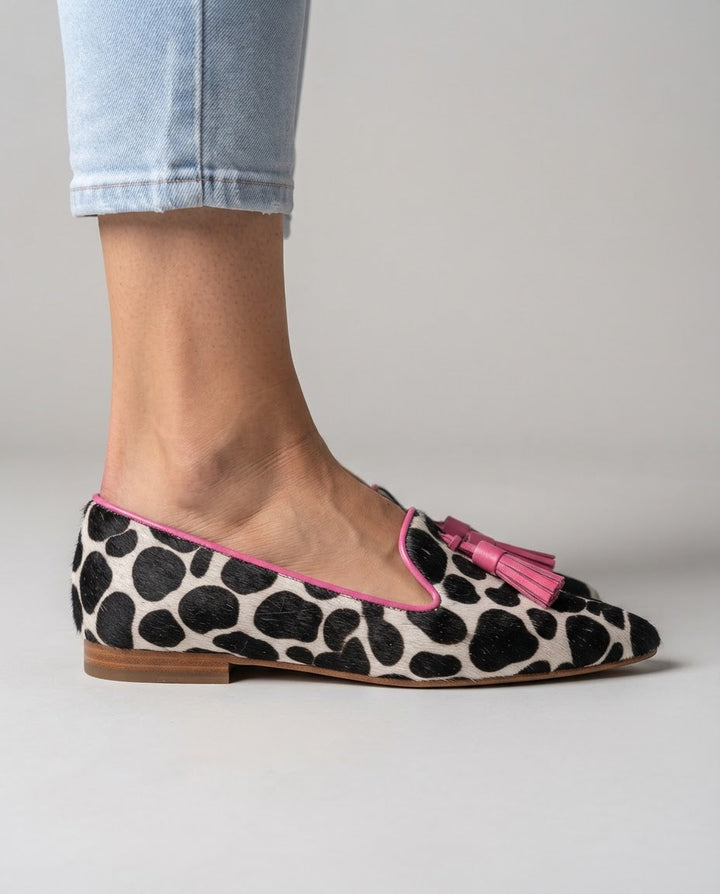 Ginevra | Black and White Cow Print, Pink Tassels Loafers