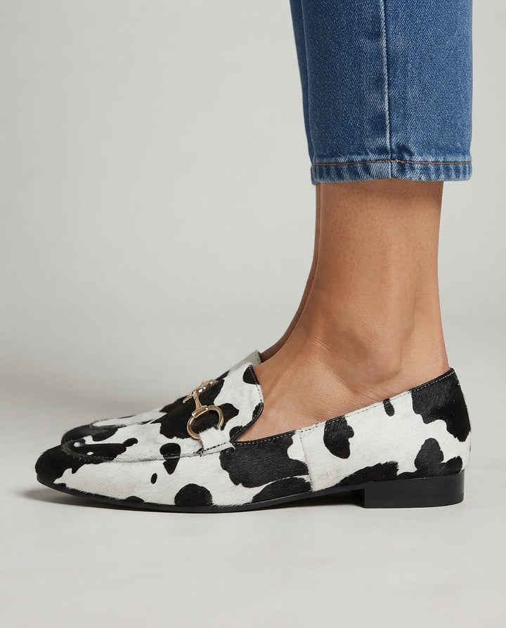 Monet  | Moccasin in White and Black Leopard Print Fur