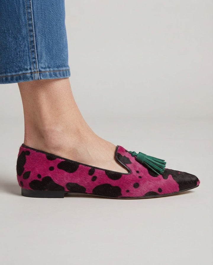 Ginevra  |  Moccasin Fuchsia Cow, Green Tassels