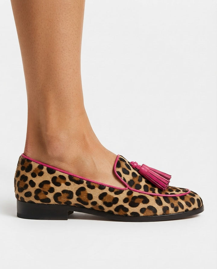 Fiamma  | Moccasin Leopard Print with Fuchsia Trimmings and Tassels