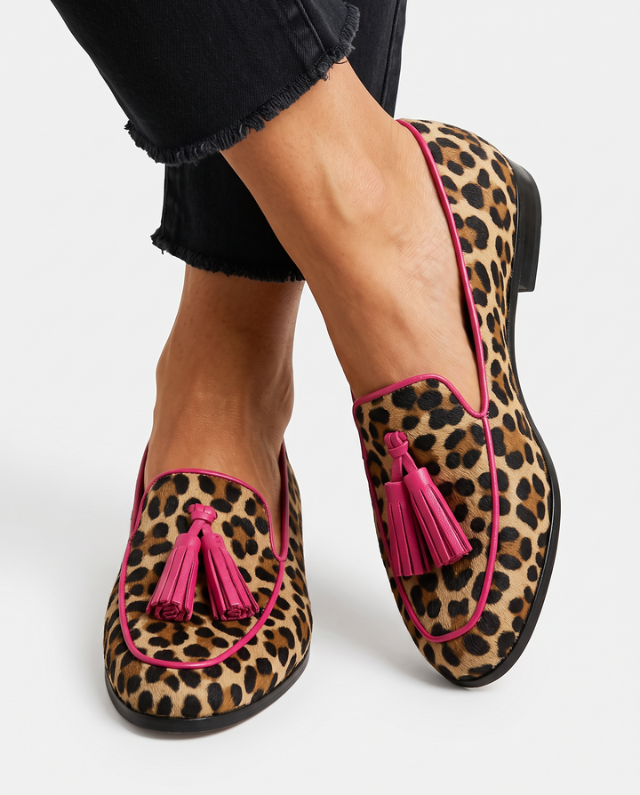 Fiamma  | Moccasin Leopard Print with Fuchsia Trimmings and Tassels