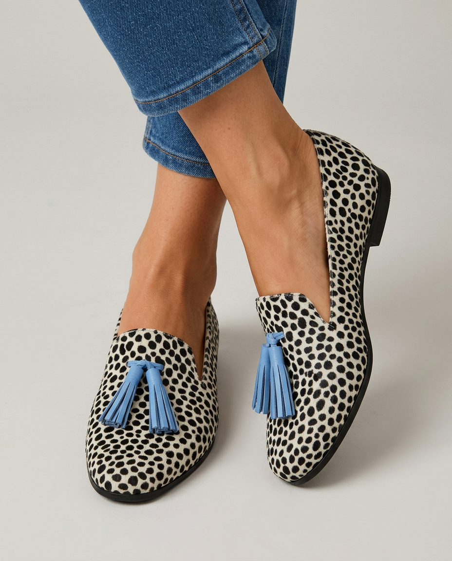 Nadia | Moccasins Black and White Leopard with Blue Tassels