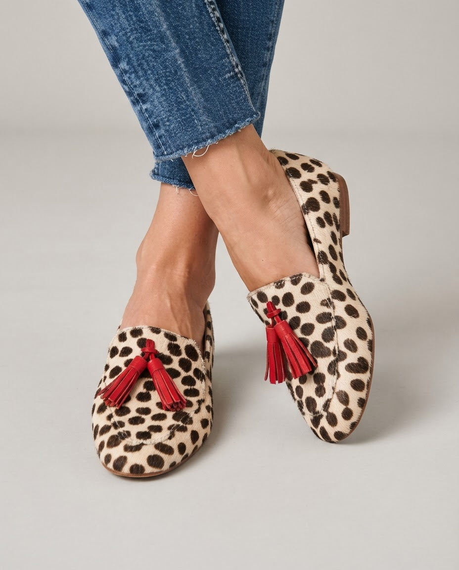 Aurora | Moccasin Cream Polka Dots, Red Tassels