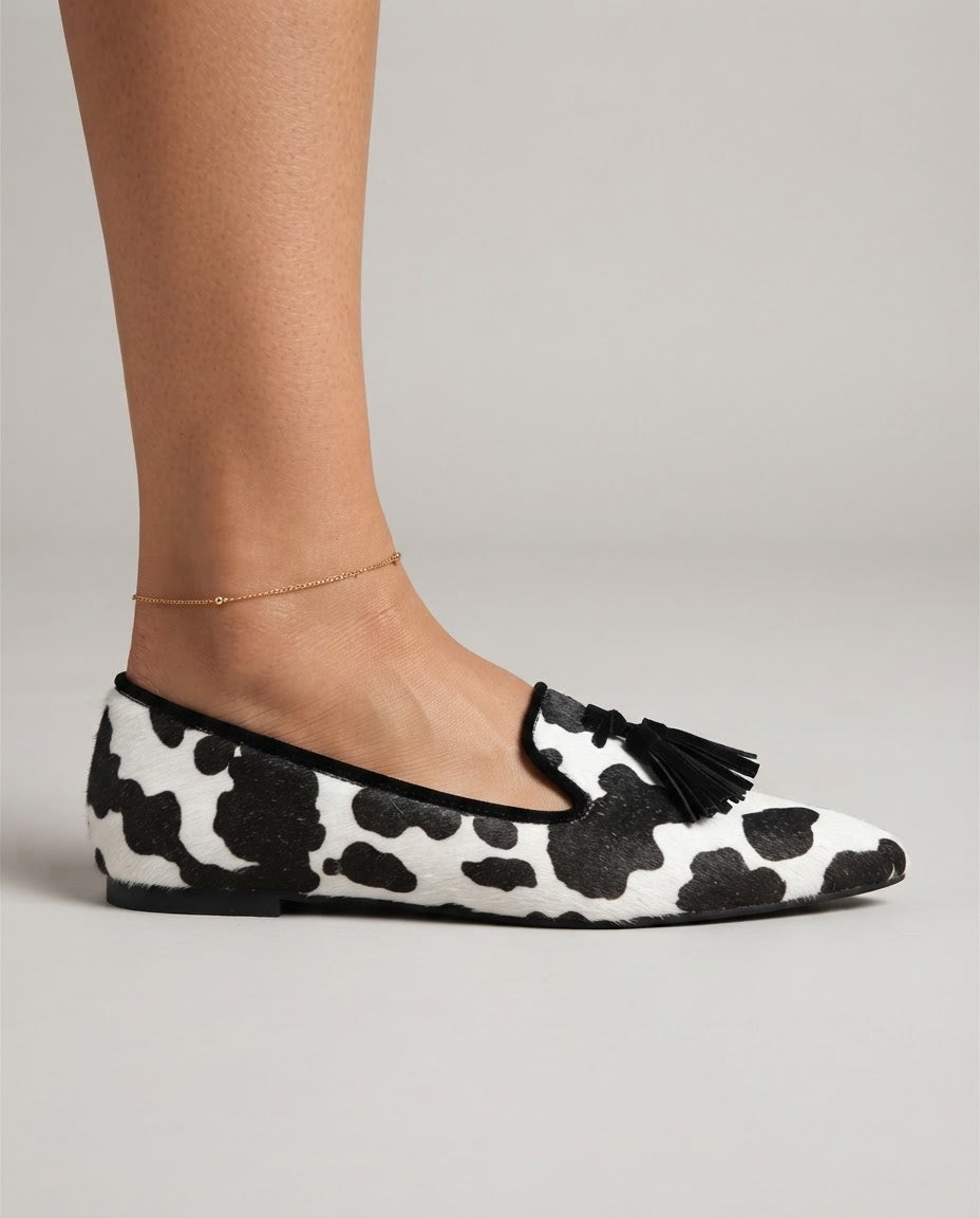 Ginevra | Black and White Cow Print, Black Tassels