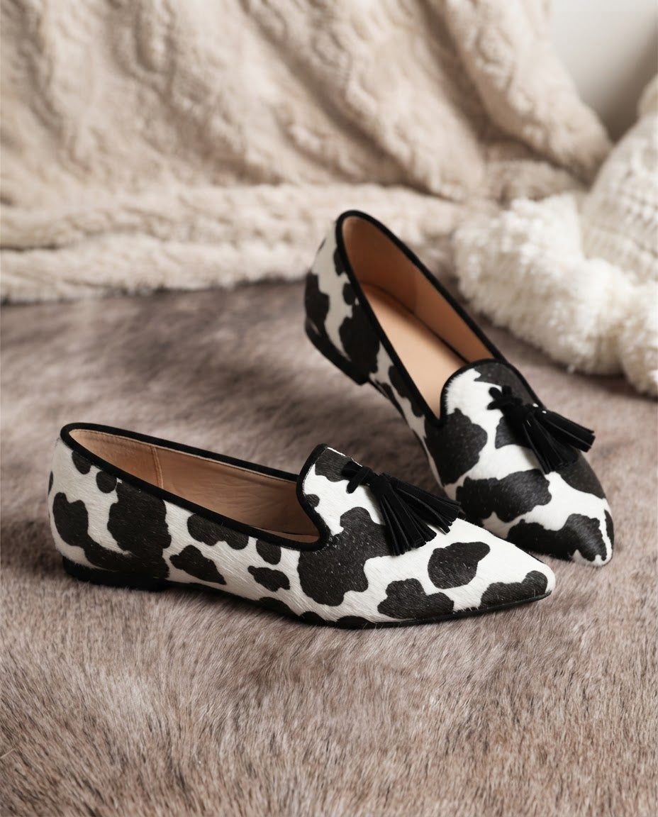 Ginevra | Black and White Cow Print, Black Tassels