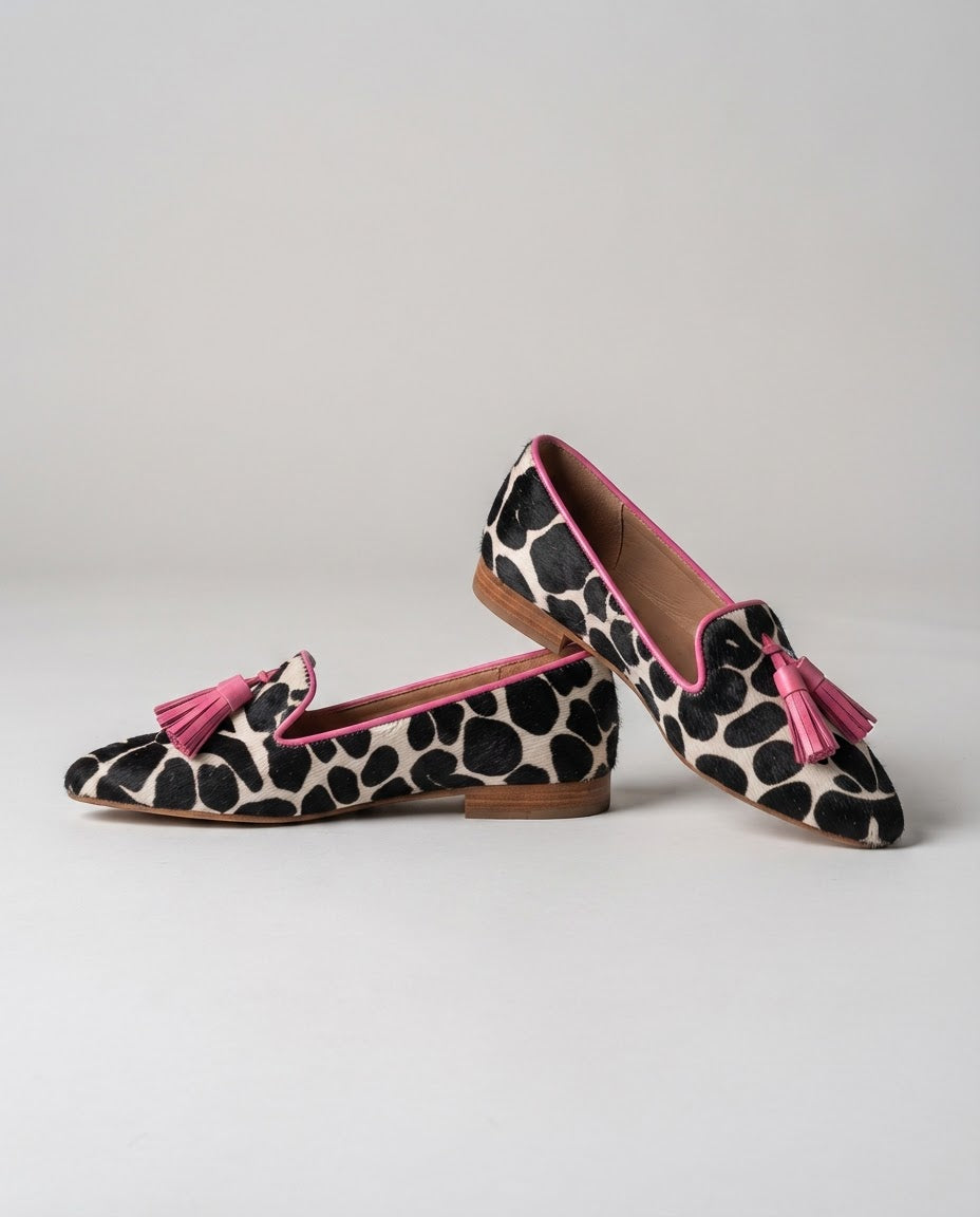 Ginevra | Black and White Cow Print, Pink Tassels Loafers