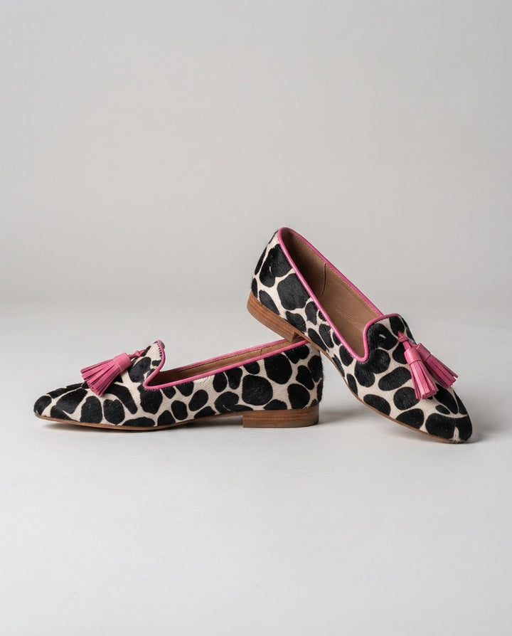 Ginevra | Black and White Cow Print, Pink Tassels Loafers