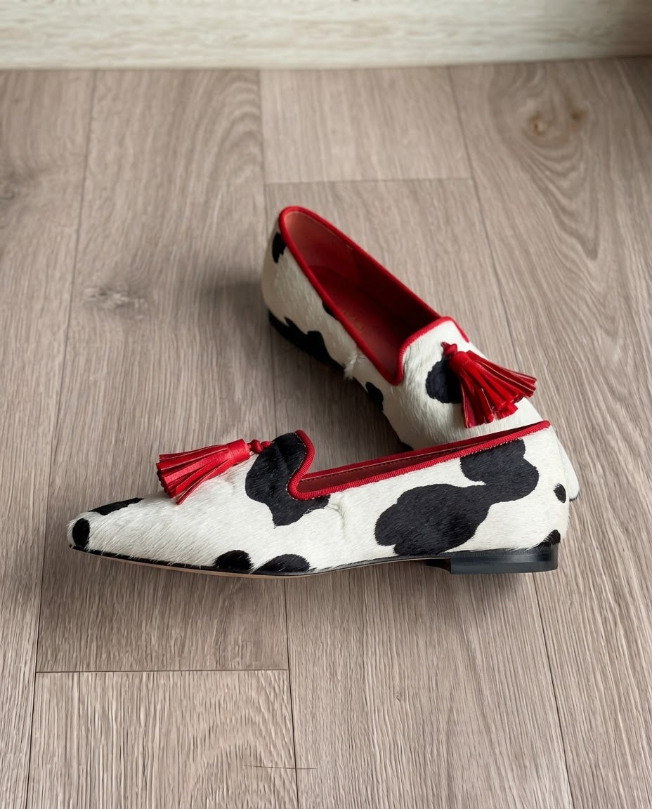 Ginevra |  Black and White Cow Print, Red Tassels Moccasin