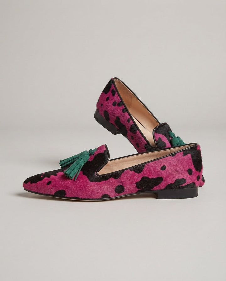 Ginevra  |  Moccasin Fuchsia Cow, Green Tassels