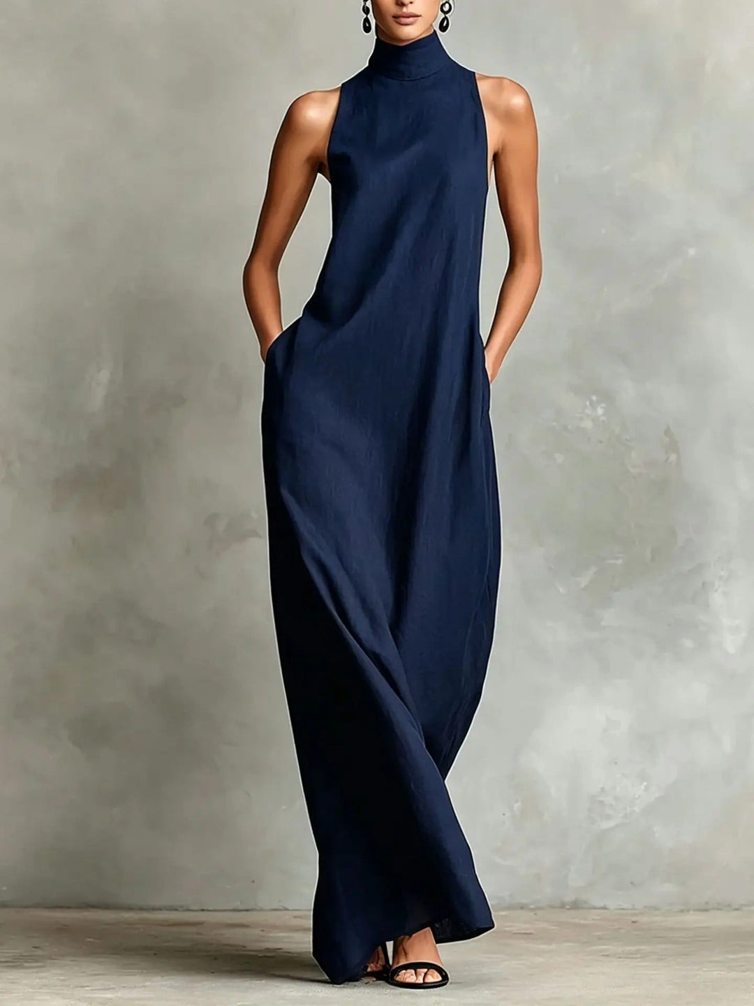 Marina | Long Loose-Fitting Sleeveless Dress with High Neck