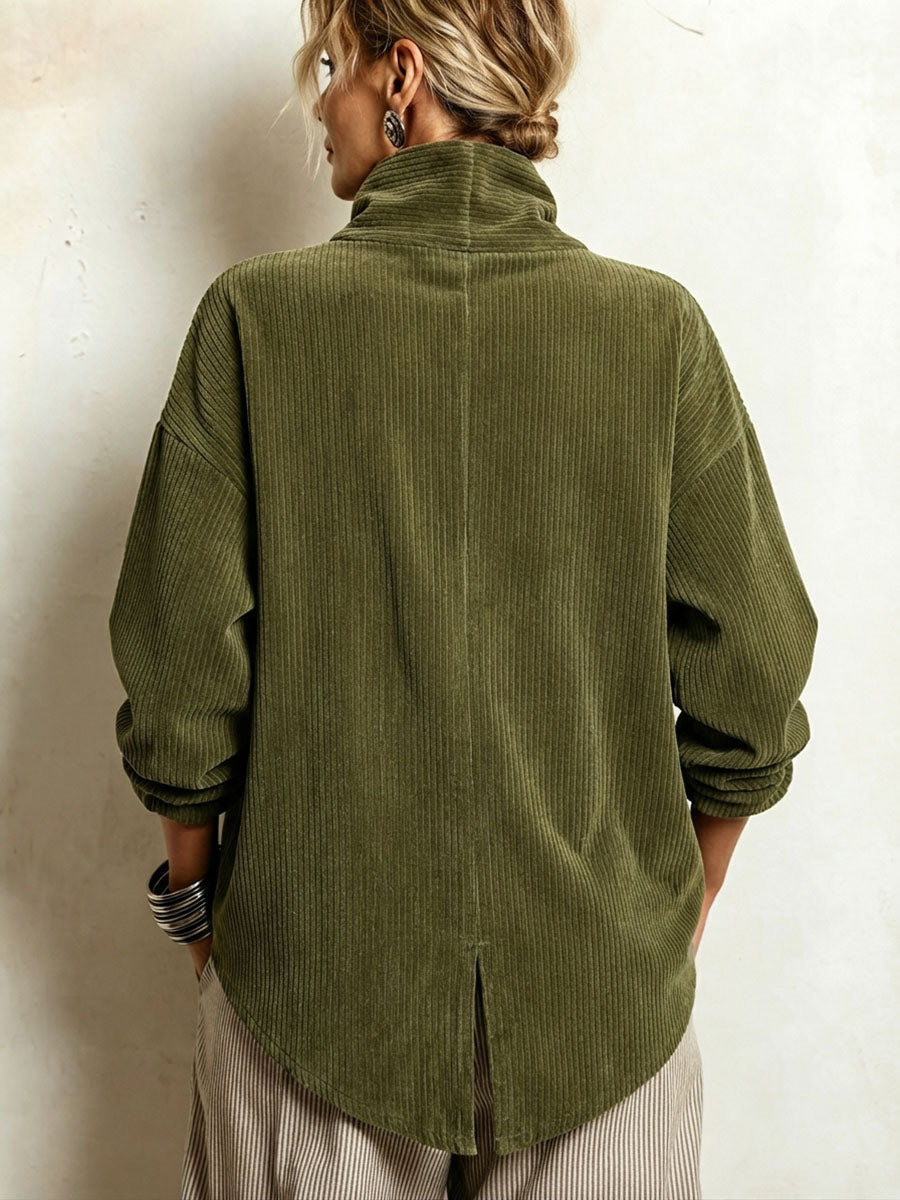 Lucianne | Ribbed Velvet Top with Diagonal Buttoning, Olive Green