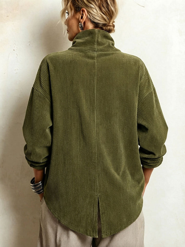 Lucianne | Ribbed Velvet Top with Diagonal Buttoning, Olive Green