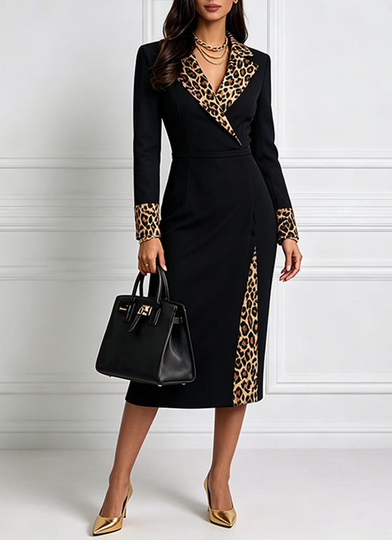 Kallista | Cozy Stylish Color-block Leopard Print Midi Dress