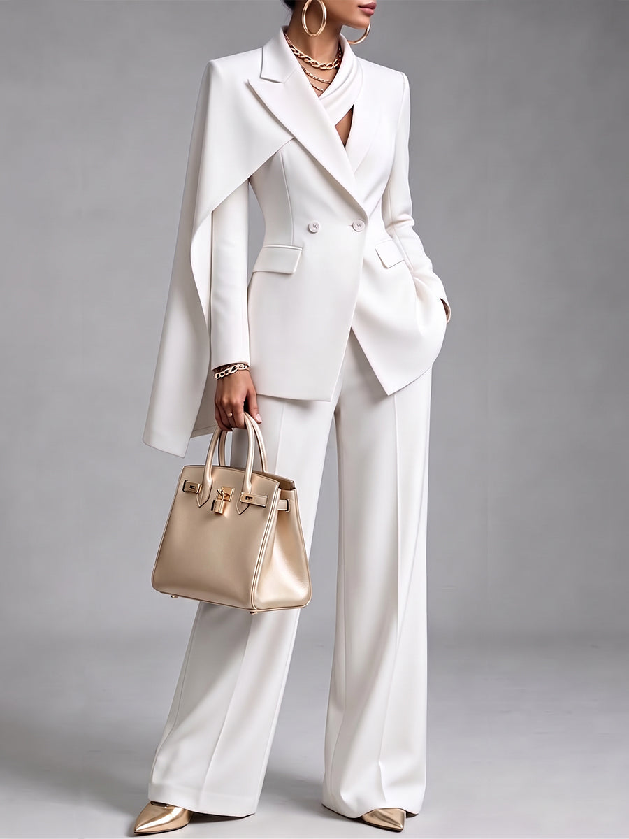 Dorina | Chic 2-Piece Suit Set – Asymmetric Cape Blazer &amp; Wide-Leg Pants