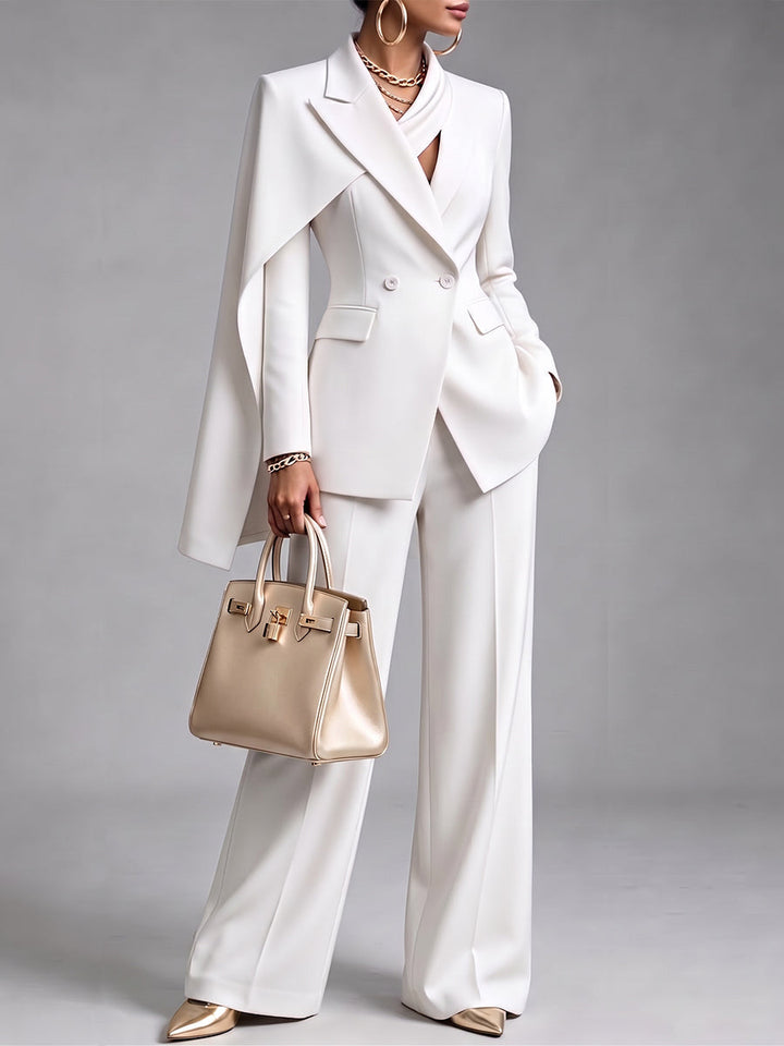 Dorina | Chic 2-Piece Suit Set – Asymmetric Cape Blazer &amp; Wide-Leg Pants