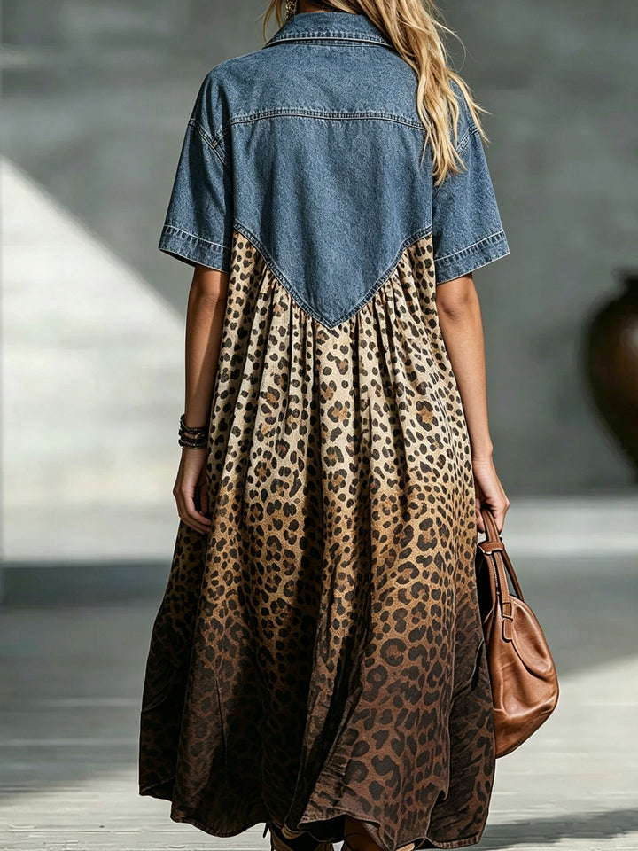Eliane | Denim Spliced Gradient Leopard Print Shirt Midi Dress