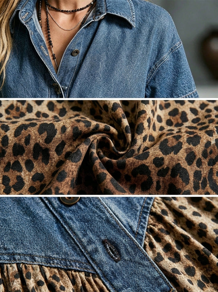 Eliane | Denim Spliced Gradient Leopard Print Shirt Midi Dress