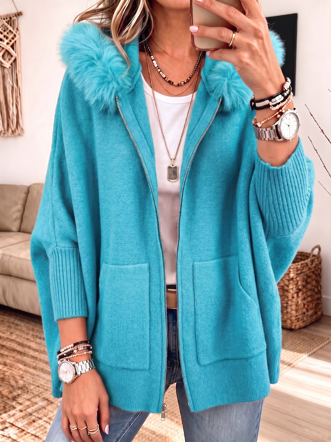 Bria | Knitted Cardigan with Fur Hood