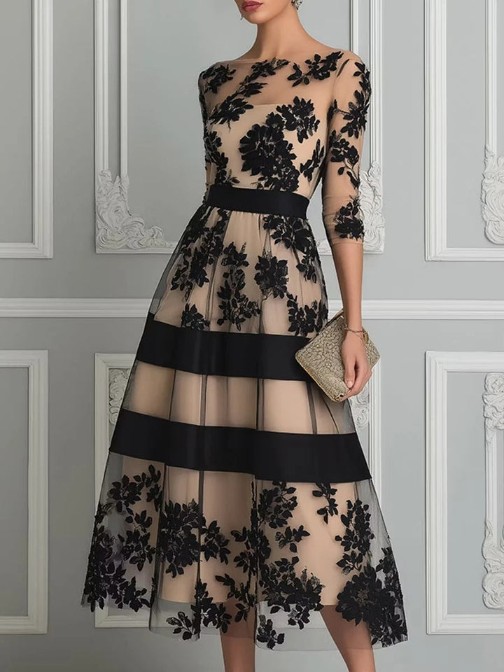 Sofie | Elegant And Exquisite Floral Lace And Mesh Midi Evening Dress