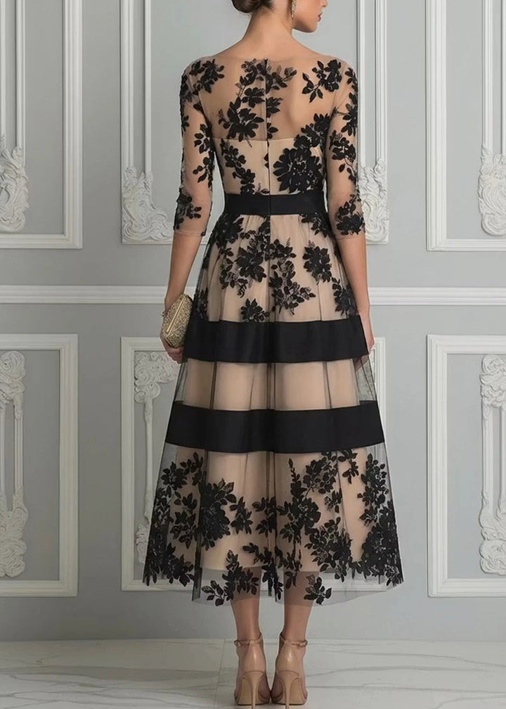 Sofie | Elegant And Exquisite Floral Lace And Mesh Midi Evening Dress