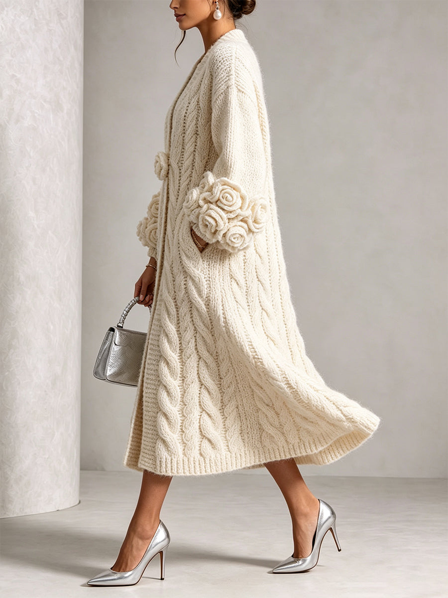 Cherrie | Chic Cream Floral Accented Cable-Knit Cardigan
