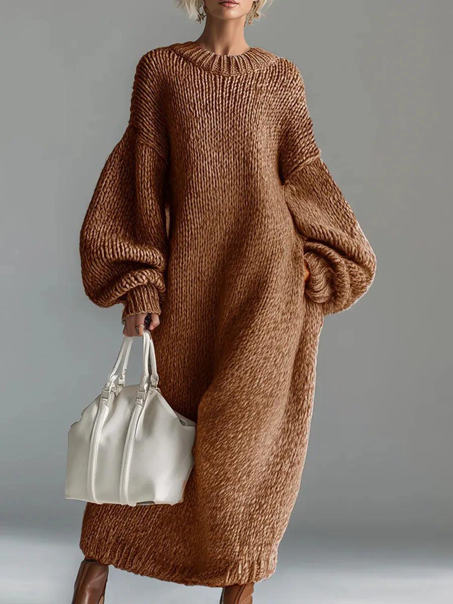 Felicity | Solid Color Round Neck Long Sleeve Casual Loose Knit Dress