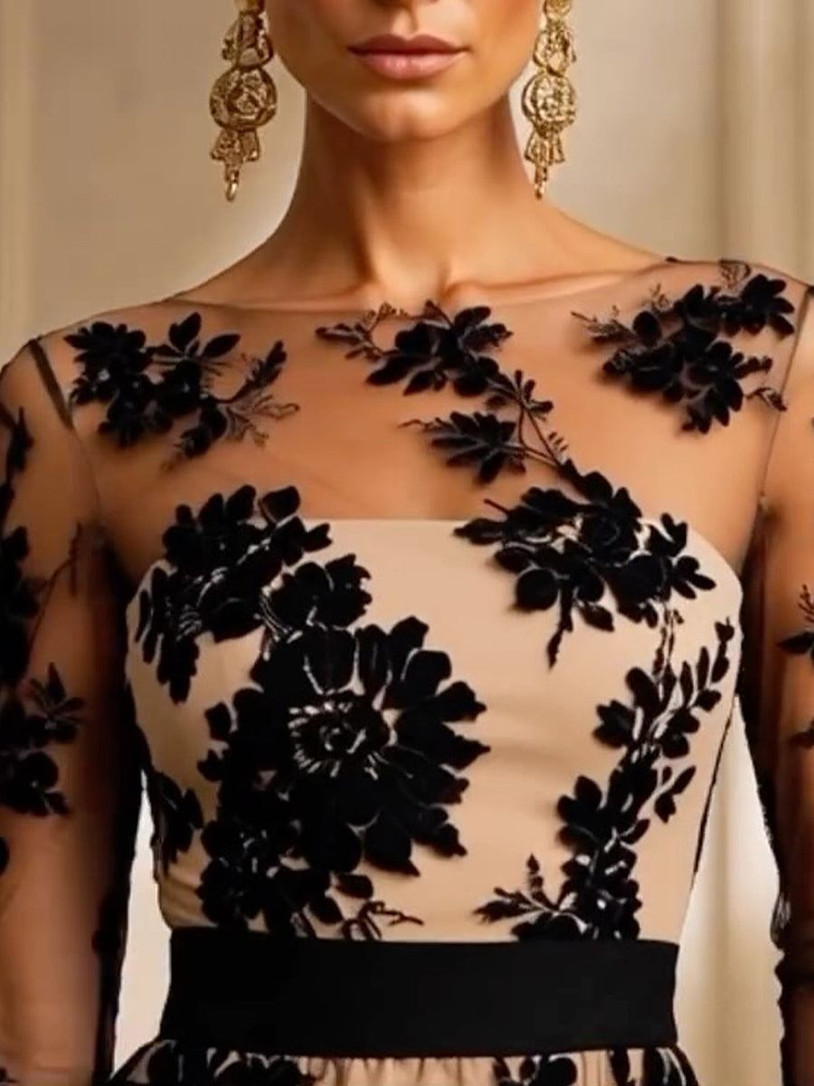 Sofie | Elegant And Exquisite Floral Lace And Mesh Midi Evening Dress
