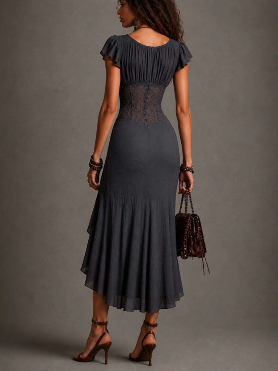 Camelia | Midi Lace Dress, V-Neck, Anthracite Grey