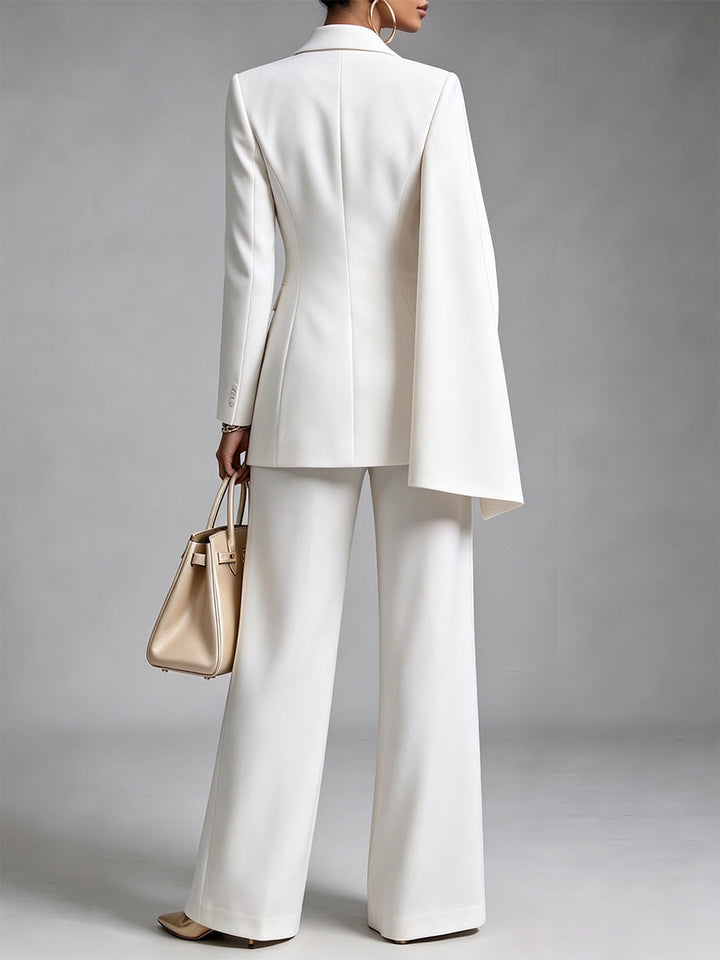 Dorina | Chic 2-Piece Suit Set – Asymmetric Cape Blazer &amp; Wide-Leg Pants