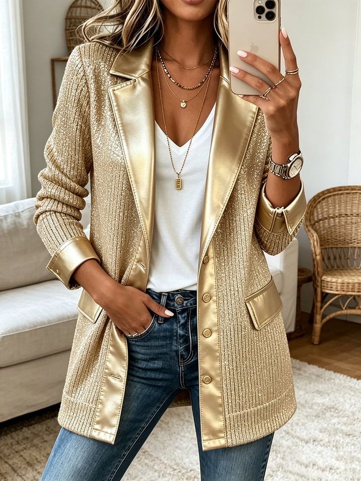 Sheena | Chic Gold Knit Blazer With Sleek Faux Leather Trim