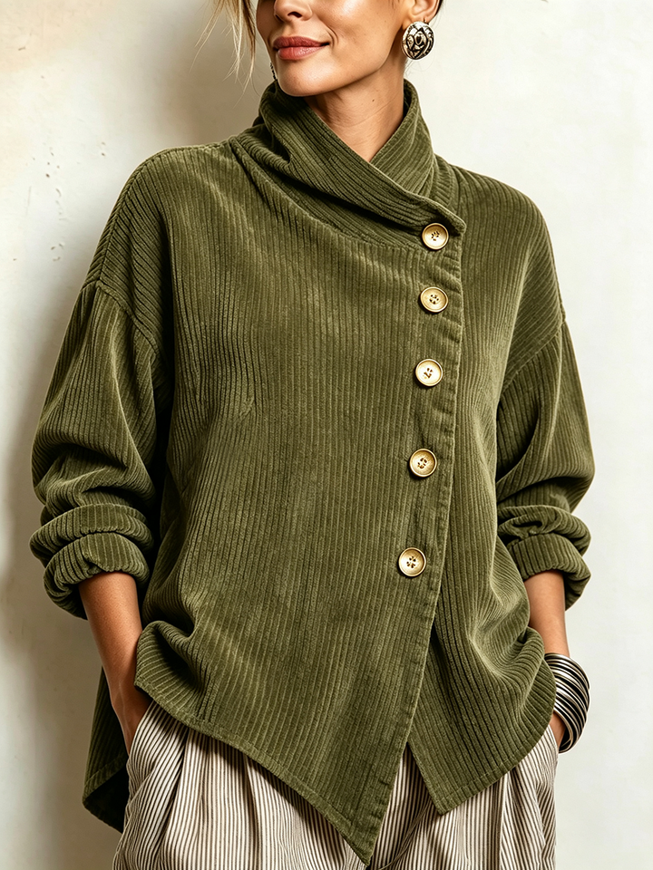 Lucianne | Ribbed Velvet Top with Diagonal Buttoning, Olive Green