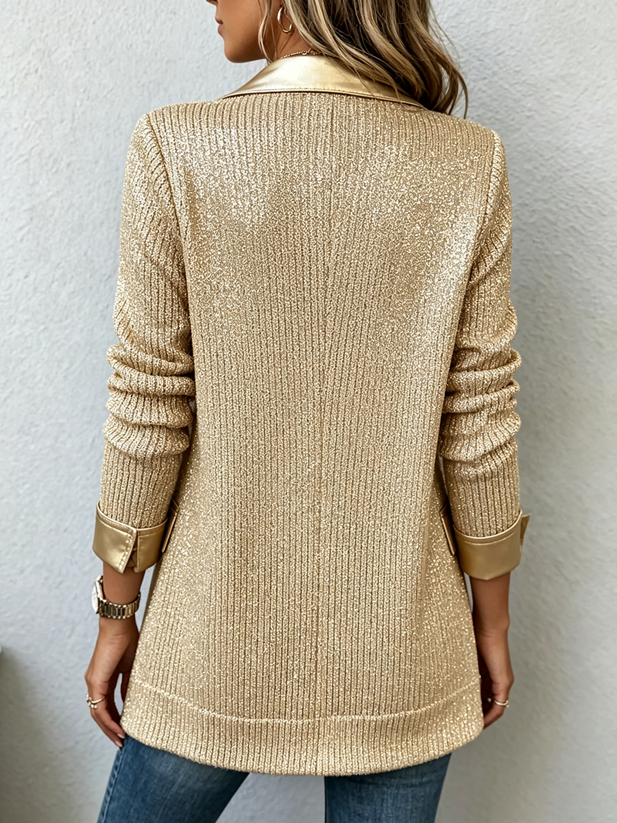 Sheena | Chic Gold Knit Blazer With Sleek Faux Leather Trim