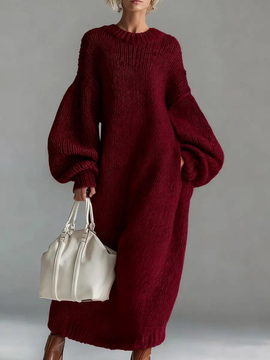 Felicity | Solid Color Round Neck Long Sleeve Casual Loose Knit Dress