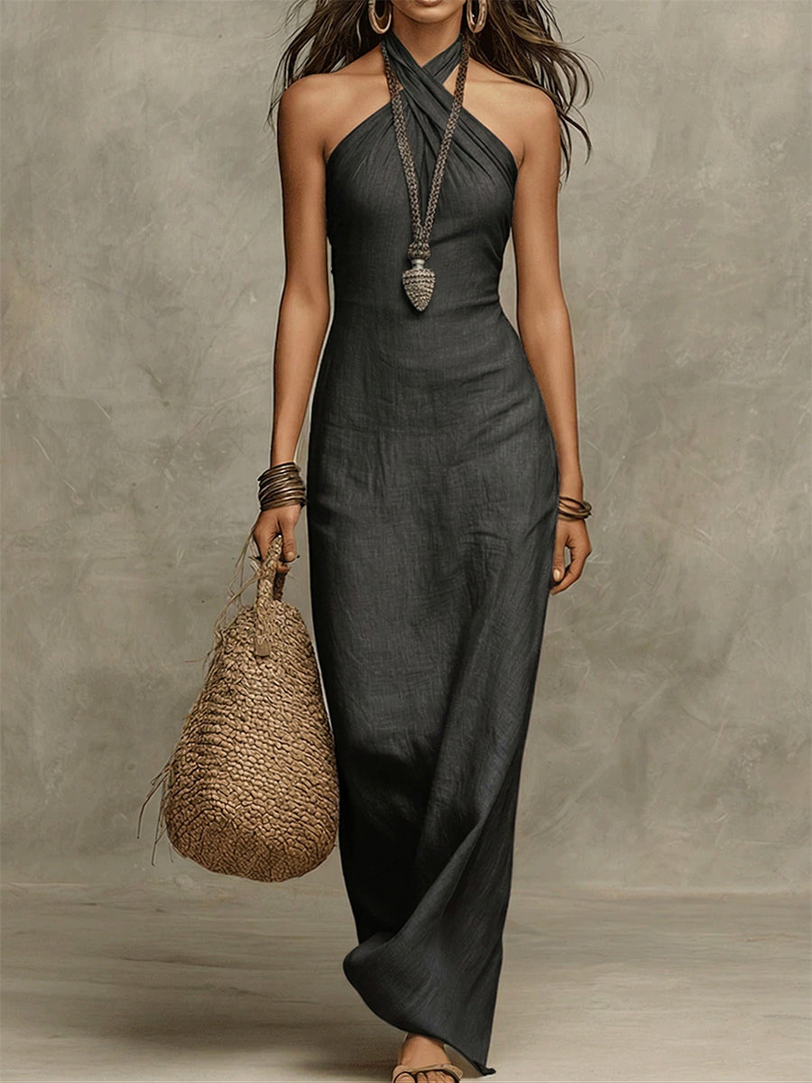 Avelina | Voluptuous maxi dress with spine neckline, made of cotton and linen