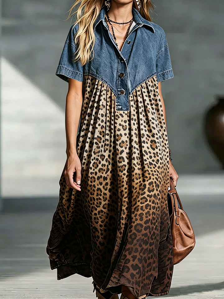 Eliane | Denim Spliced Gradient Leopard Print Shirt Midi Dress