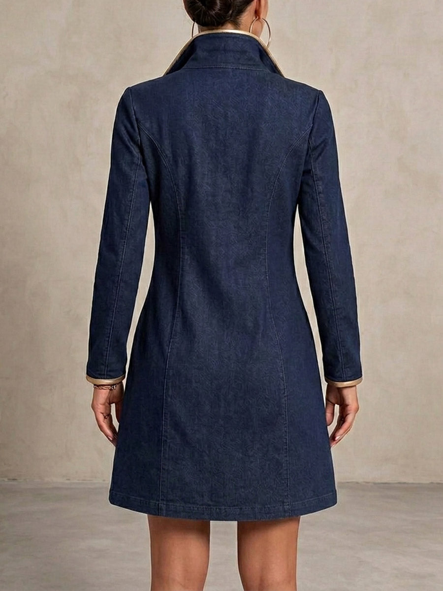 Inessa  |  Long-sleeved Casual Loose Denim Dress With Gold Trim And Metallic Eyelets