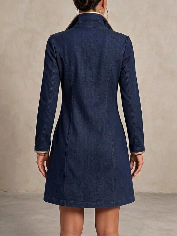Inessa  |  Long-sleeved Casual Loose Denim Dress With Gold Trim And Metallic Eyelets