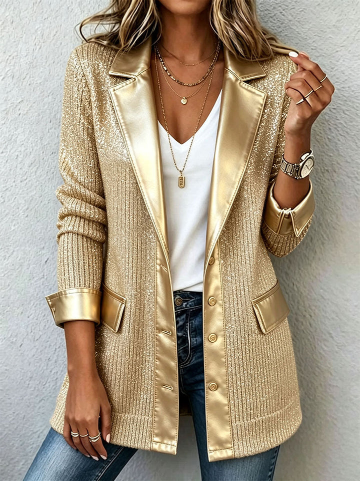 Sheena | Chic Gold Knit Blazer With Sleek Faux Leather Trim
