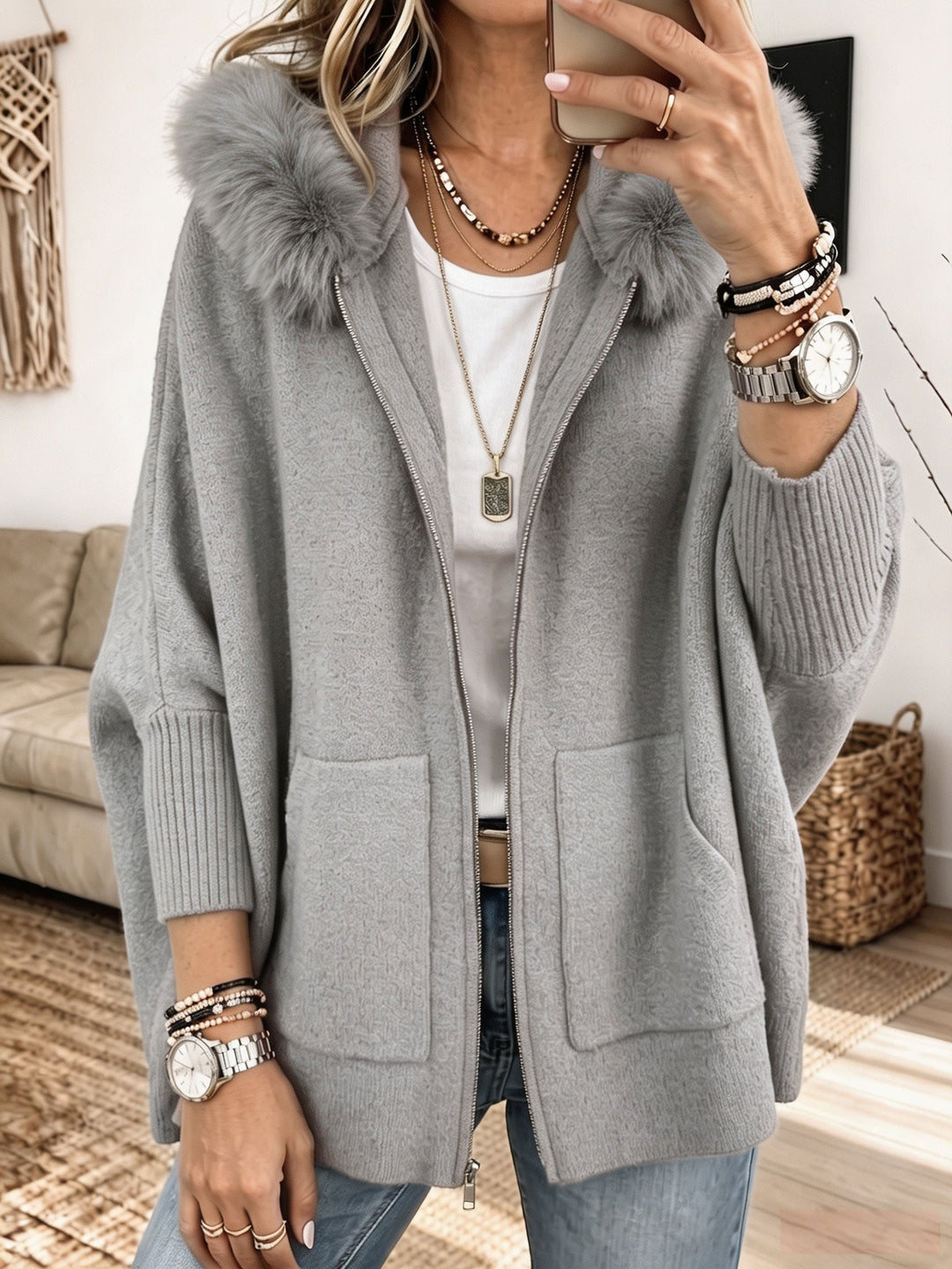 Bria | Knitted Cardigan with Fur Hood
