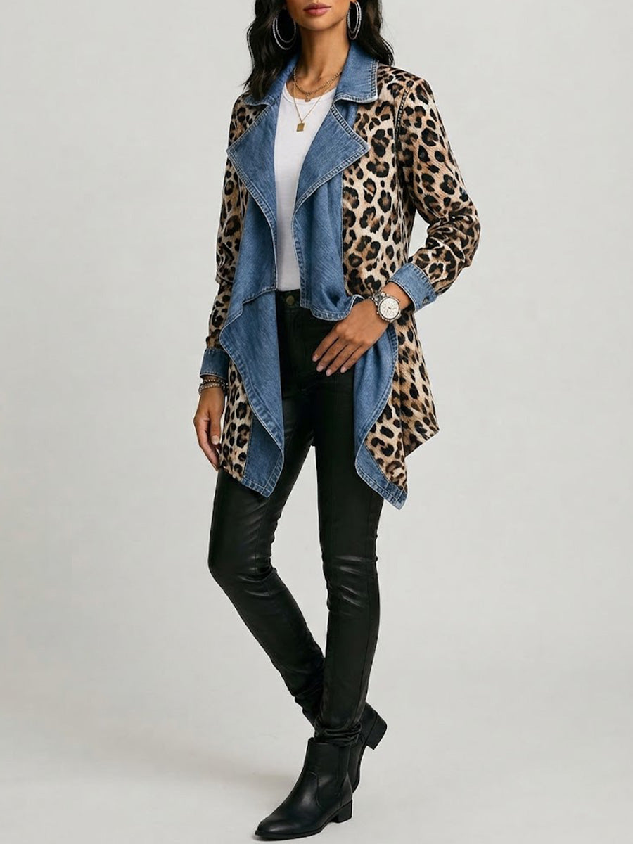 Sherilyn | Leopard Print &amp; Washed Denim Paneled Mid-Length Jacket