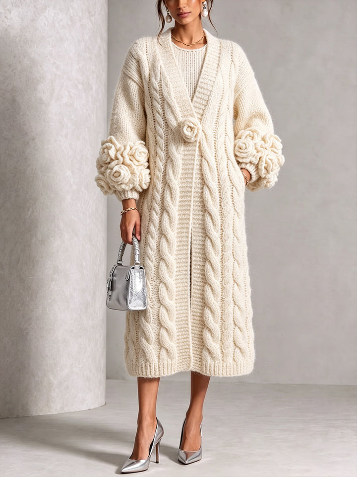 Cherrie | Chic Cream Floral Accented Cable-Knit Cardigan