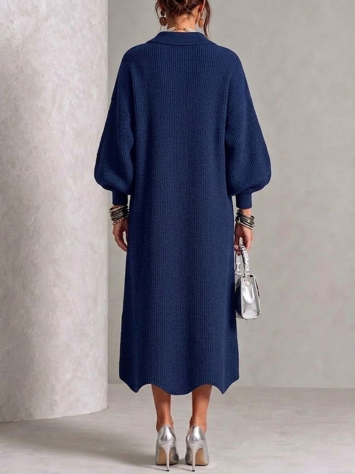 Mabelle | Long-sleeve Knit Dress With A Large Metal Buckle, Lapel Collar and Lantern Sleeves